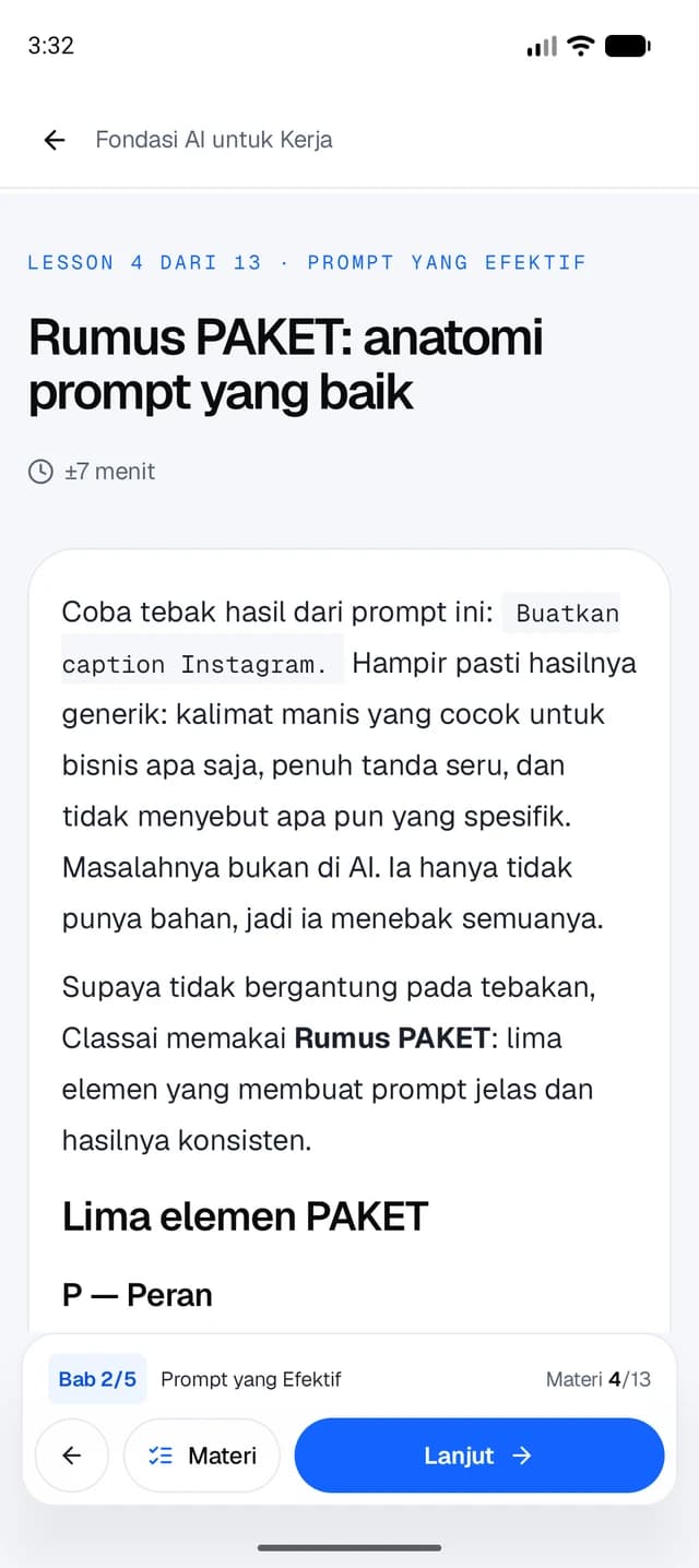 Halaman materi di aplikasi: Rumus PAKET, dengan bar Bab 2/5 · Materi 4/13 di bawah