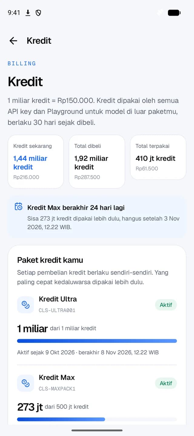 Router: halaman Kredit dengan paket kredit aktif dan masa berlakunya