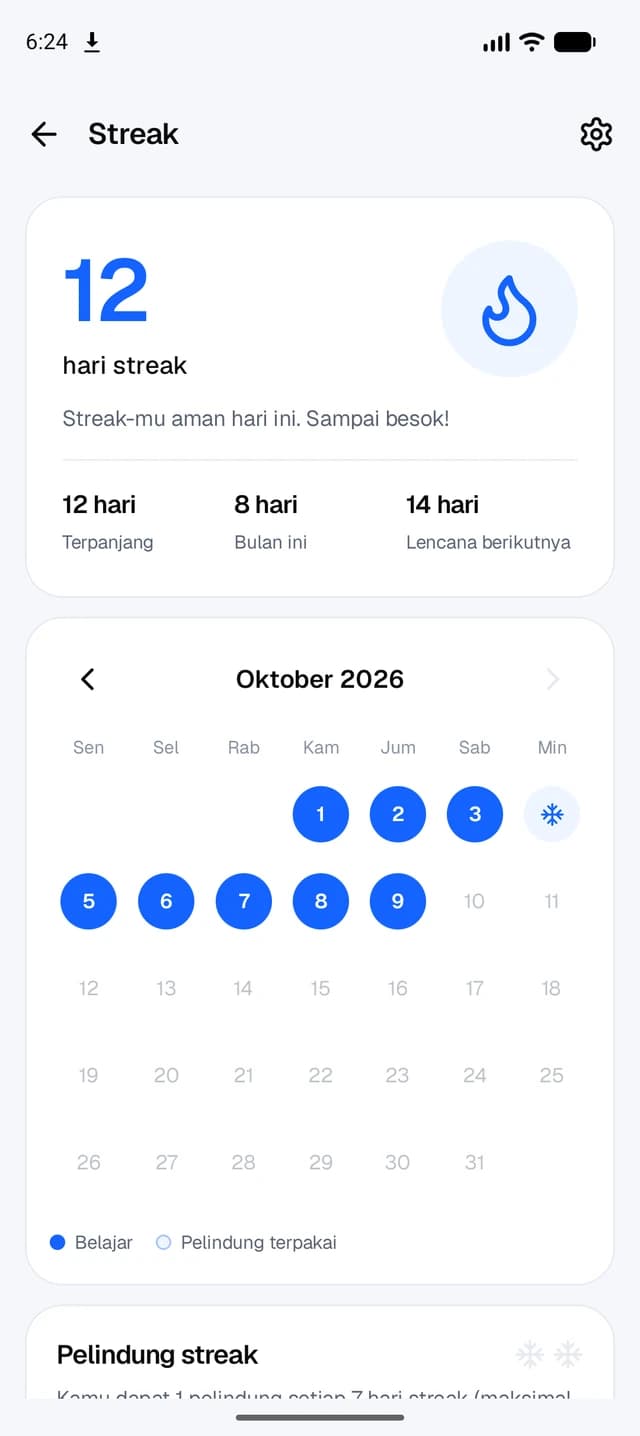 Halaman Streak: 12 hari streak dan kalender Oktober