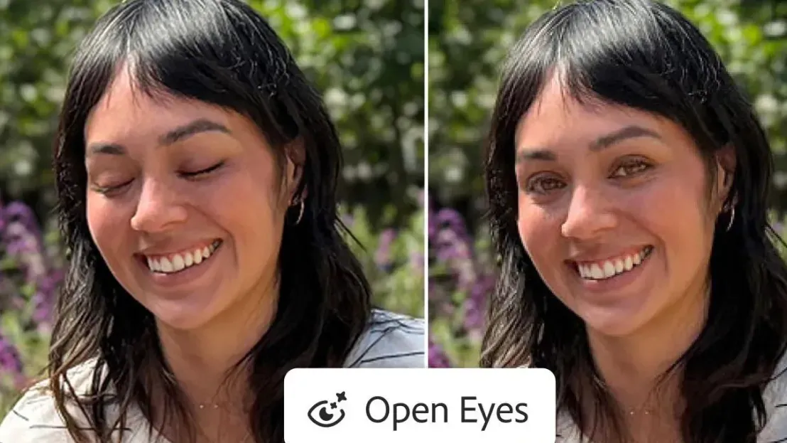 Tampilan aplikasi Adobe Lightroom mobile dengan fitur Open Eyes Quick Action berbasis AI