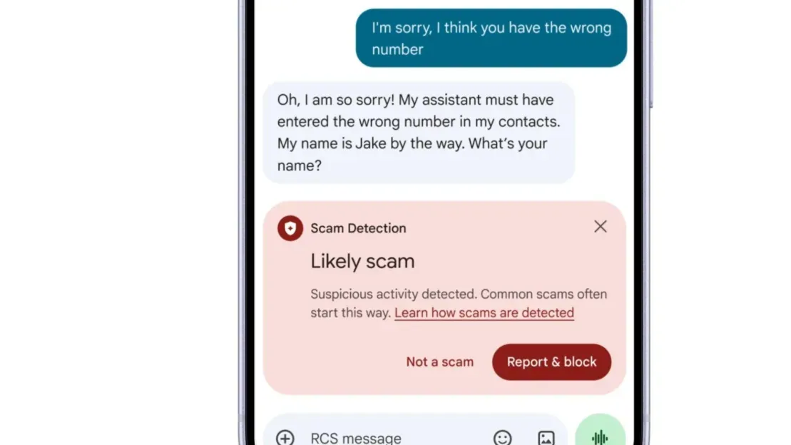 Ilustrasi fitur keamanan deteksi scam pada aplikasi Google Messages di smartphone Android