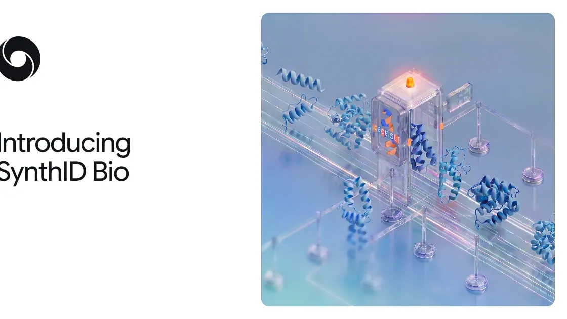 Ilustrasi untai protein dengan sinyal watermark digital dari Google DeepMind