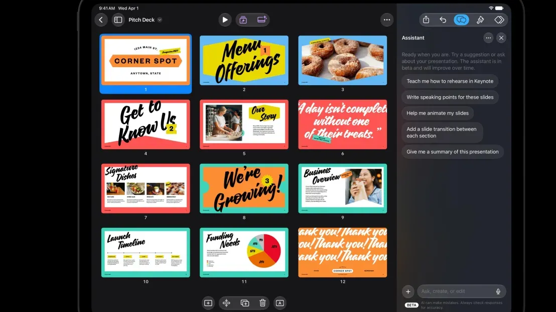 Tampilan asisten AI di aplikasi Keynote pada layar laptop MacBook Pro