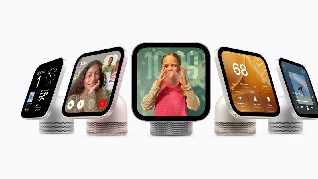 Apple HomeView smart display dengan layar bujur sangkar 7 inci di atas dudukan speaker aluminium.