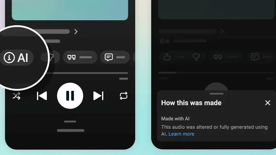 Tampilan label Made with AI pada pemutar lagu YouTube Music