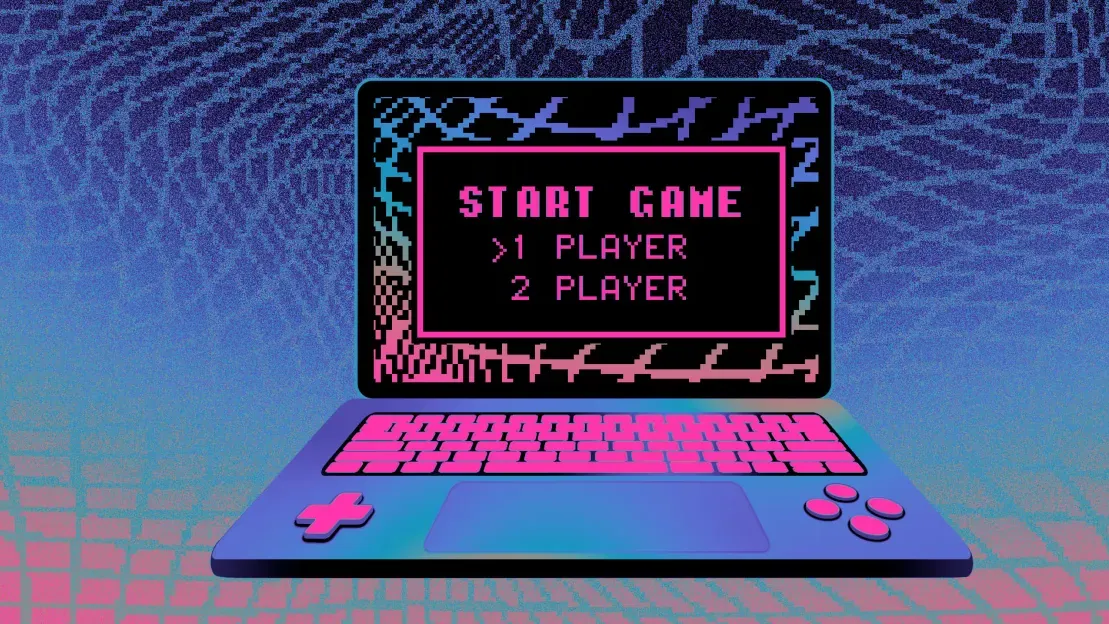 Ilustrasi controller konsol game retro pixel art dengan elemen visual baris kode AI modern di sekitarnya