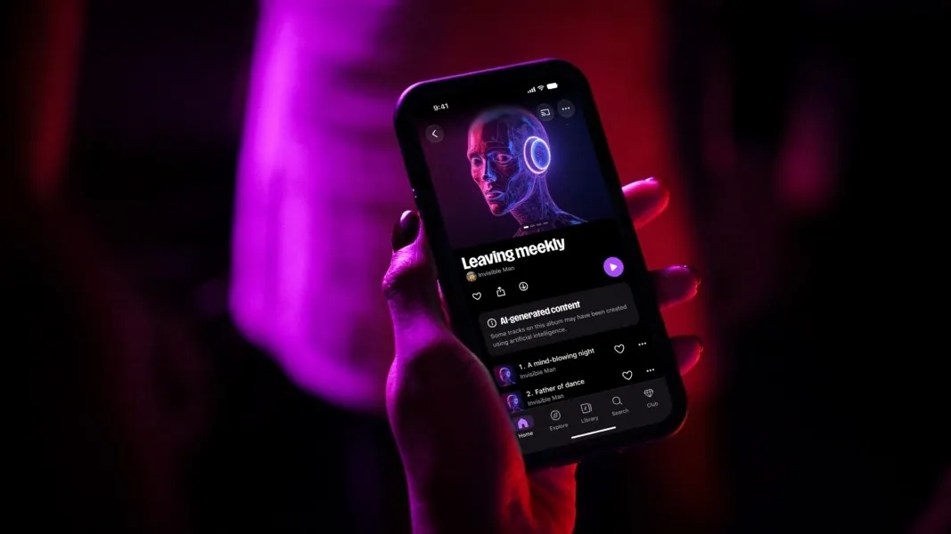 Tampilan aplikasi Deezer dengan toggle filter musik AI untuk menyembunyikan lagu bot