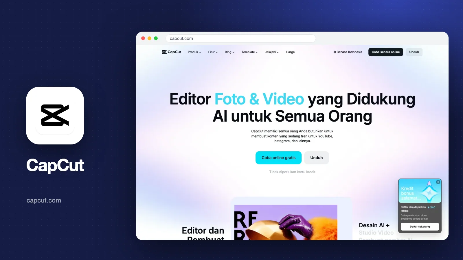 Tangkapan layar halaman depan CapCut versi Bahasa Indonesia dengan judul Editor Foto & Video yang Didukung AI untuk Semua Orang, plus logo CapCut