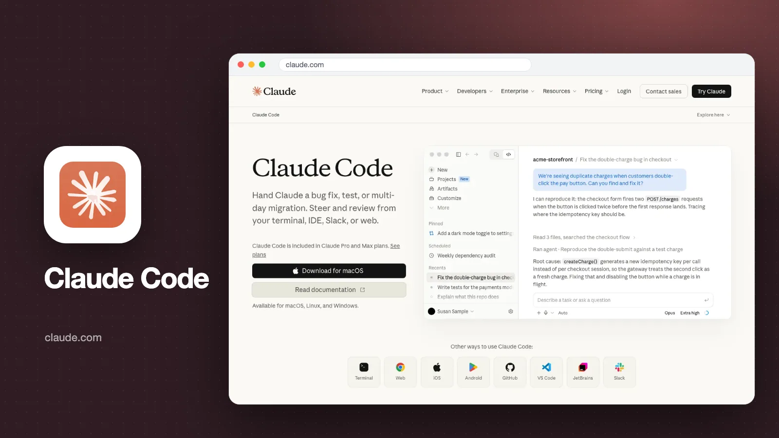 Sampul artikel: tangkapan layar halaman produk Claude Code di claude.com dengan contoh aplikasi desktop yang memperbaiki bug, beserta logo Claude