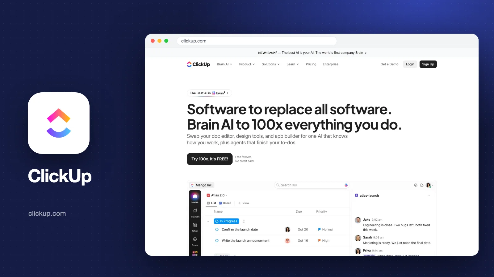 Sampul artikel: tangkapan layar halaman depan ClickUp (clickup.com) dengan judul Software to replace all software dan contoh workspace tugas, beserta logo ClickUp