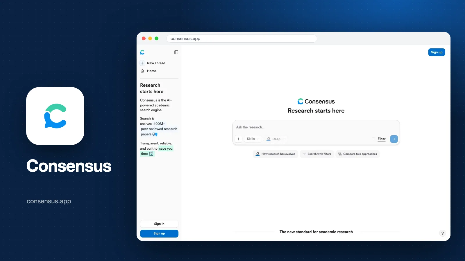 Sampul artikel: tangkapan layar halaman depan Consensus (consensus.app) dengan kolom Ask the research..., beserta logo Consensus