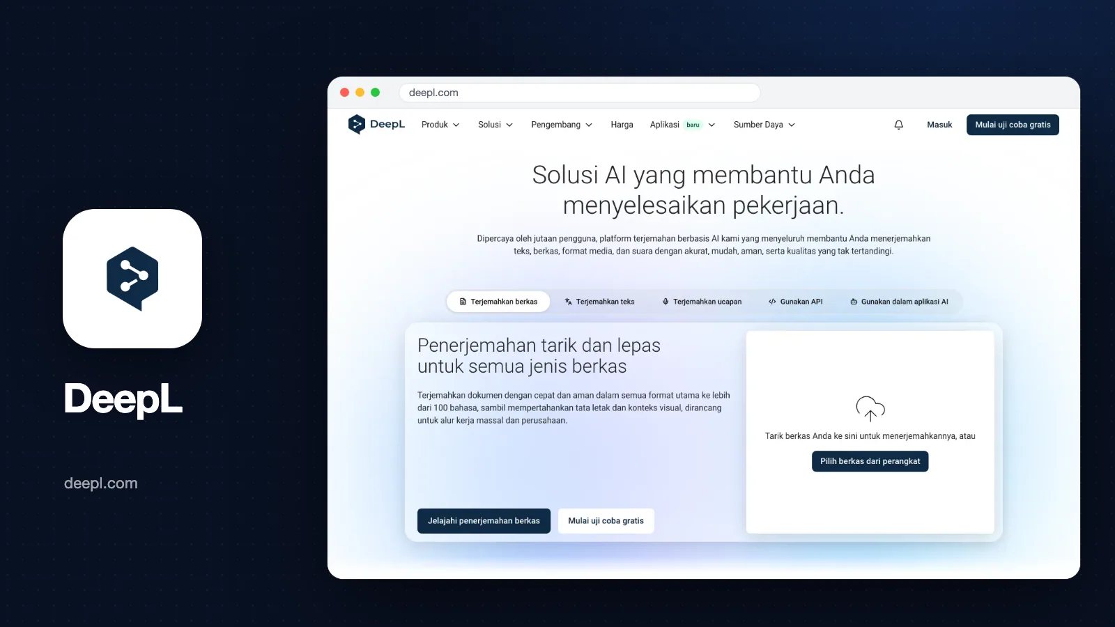 Sampul ulasan DeepL: tangkapan layar halaman depan DeepL versi Bahasa Indonesia dengan logo DeepL