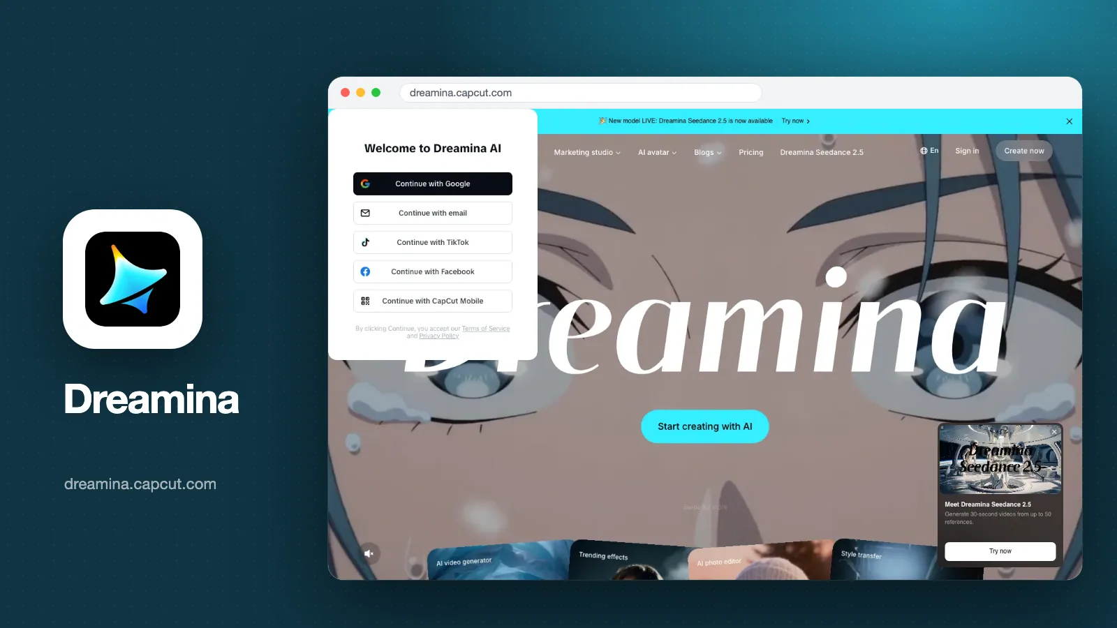 Sampul artikel: tangkapan layar halaman depan Dreamina (dreamina.capcut.com) dengan tulisan besar Dreamina dan tombol Start creating with AI, beserta logo Dreamina