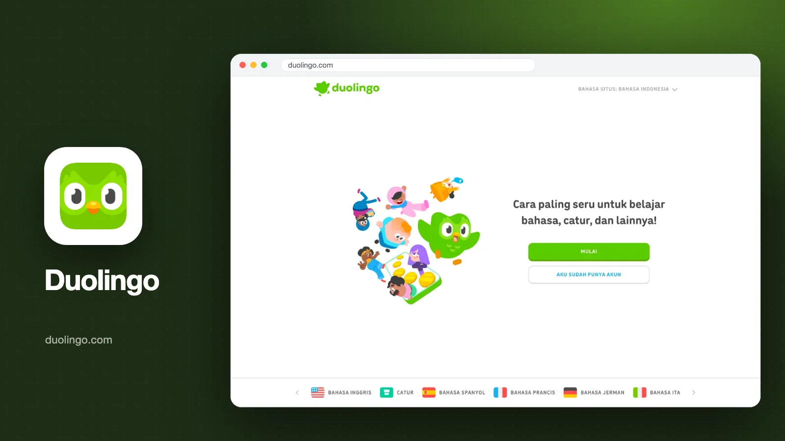 Sampul artikel: tangkapan layar halaman depan Duolingo (duolingo.com) berbahasa Indonesia dengan maskot burung hantu Duo, beserta logo Duolingo