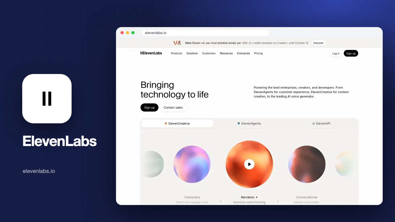 Sampul artikel: tangkapan layar halaman depan ElevenLabs (elevenlabs.io) dengan judul Bringing technology to life, beserta logo ElevenLabs