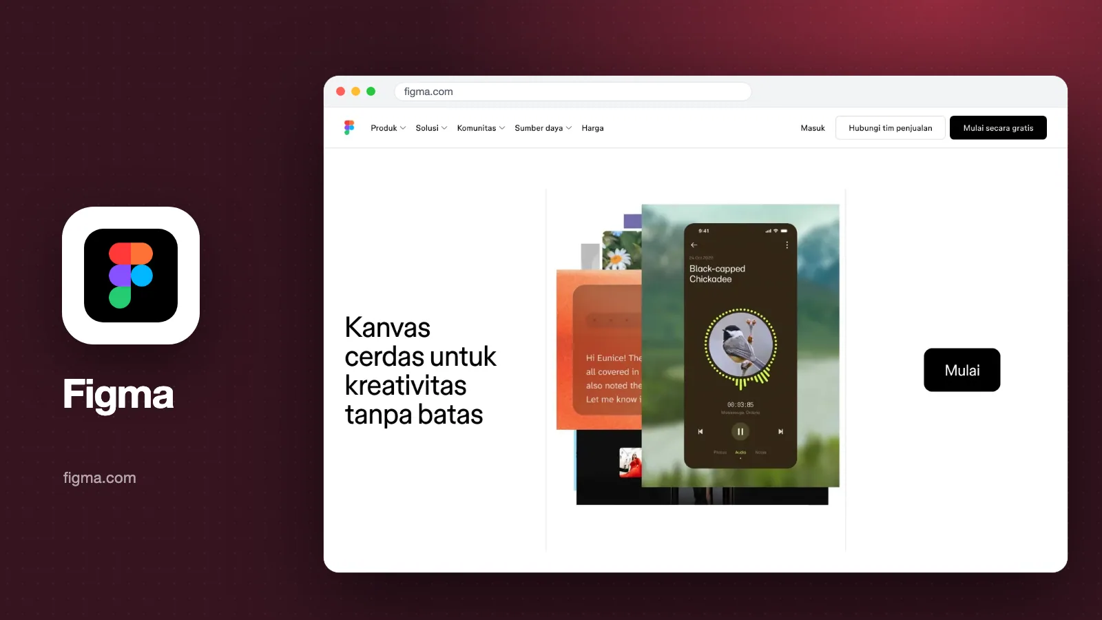 Sampul review Figma: tangkapan layar halaman depan Figma versi Indonesia dengan judul Kanvas cerdas untuk kreativitas tanpa batas dan logo Figma