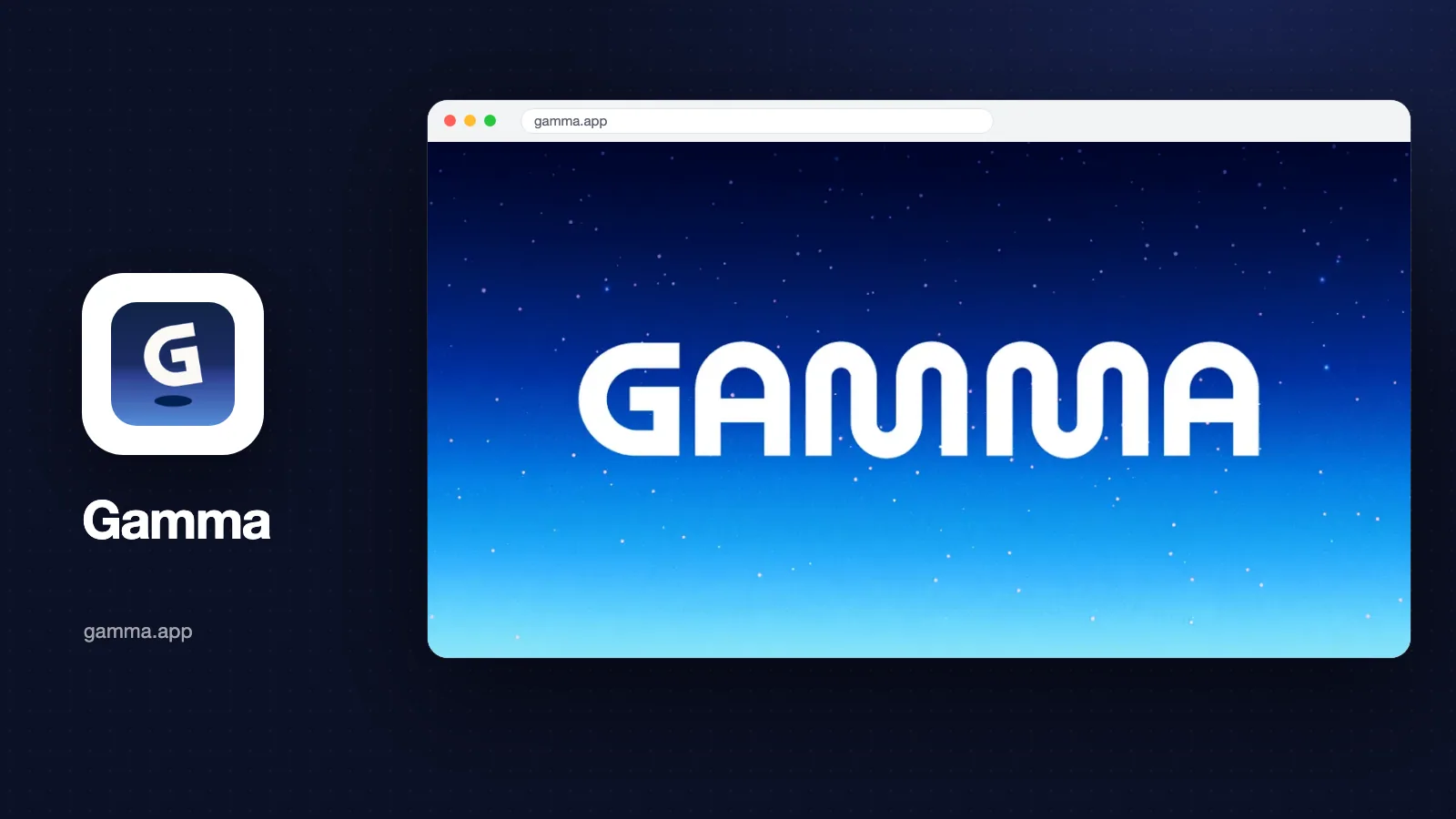 Sampul review Gamma AI: logo Gamma putih di atas latar biru bergradasi berbintang