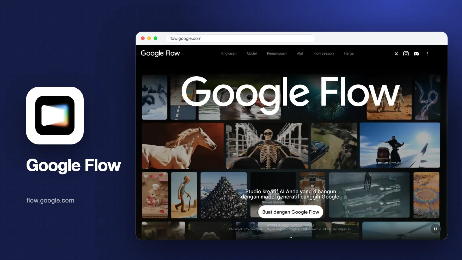Tangkapan layar halaman depan Google Flow dengan kolase klip video buatan AI dan logo Google Flow
