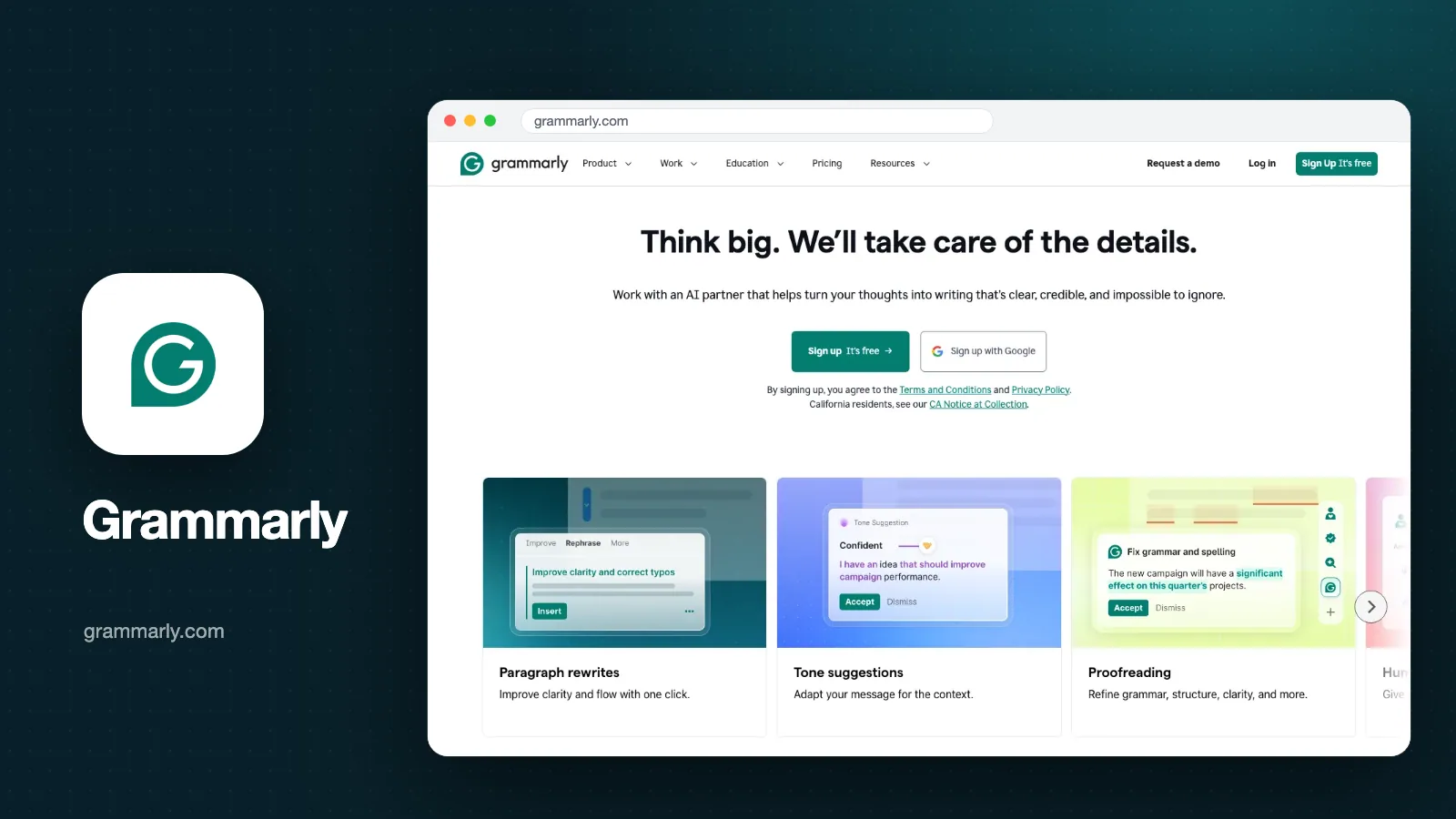 Tangkapan layar halaman depan Grammarly dengan judul Think big dan kartu fitur Paragraph rewrites, Tone suggestions, Proofreading, plus logo Grammarly