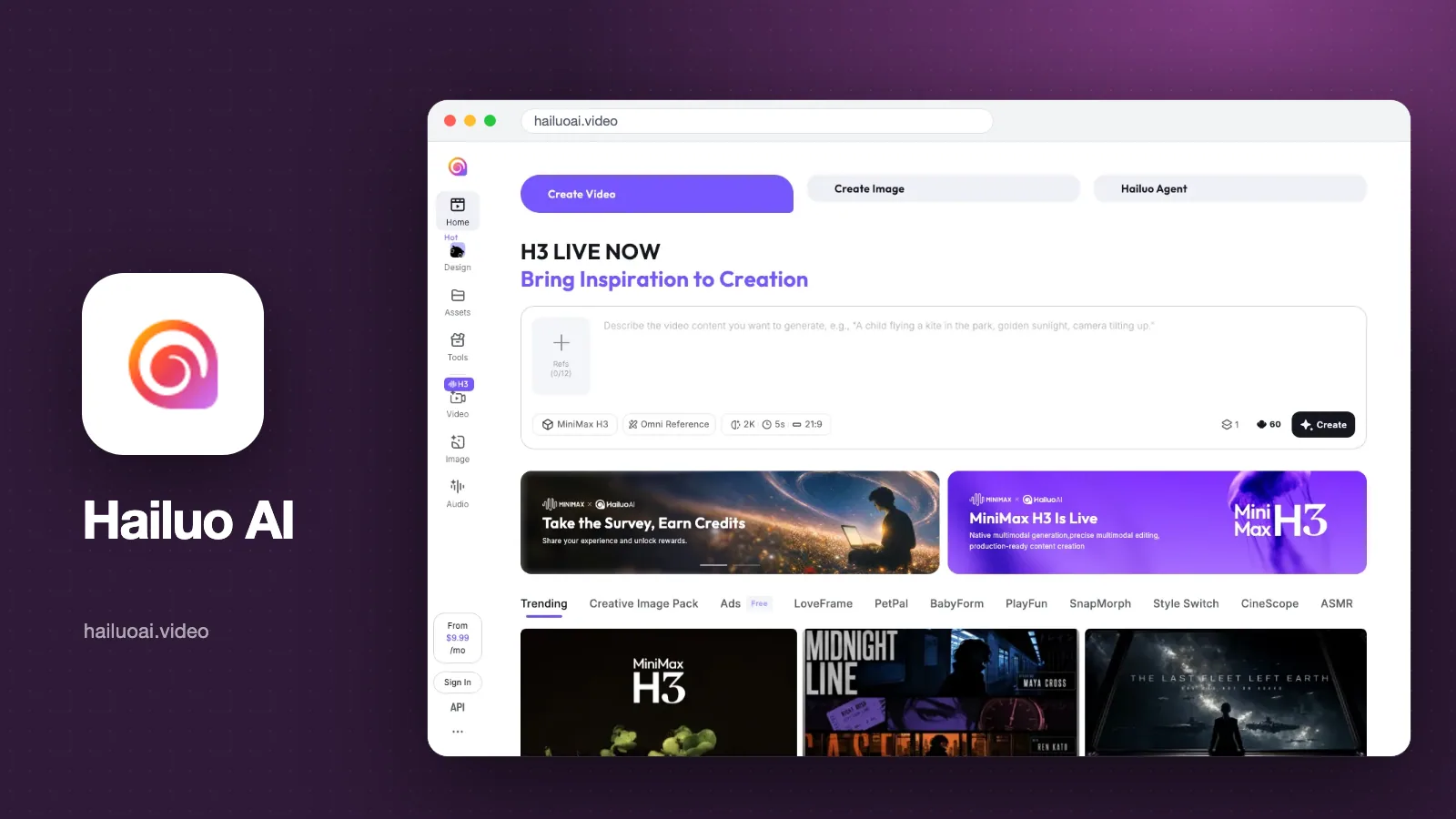 Tangkapan layar halaman depan Hailuo AI (hailuoai.video) dengan kotak pembuat video MiniMax H3 dan logo Hailuo AI