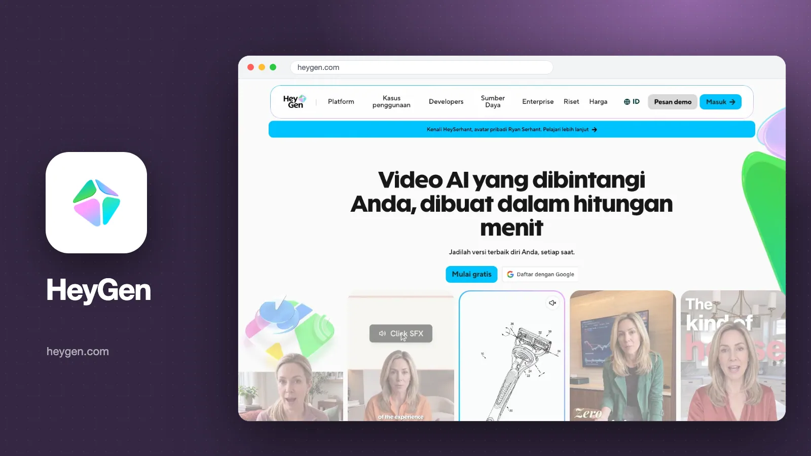 Tangkapan layar halaman depan HeyGen versi Indonesia dengan judul besar, tombol Mulai gratis + logo HeyGen