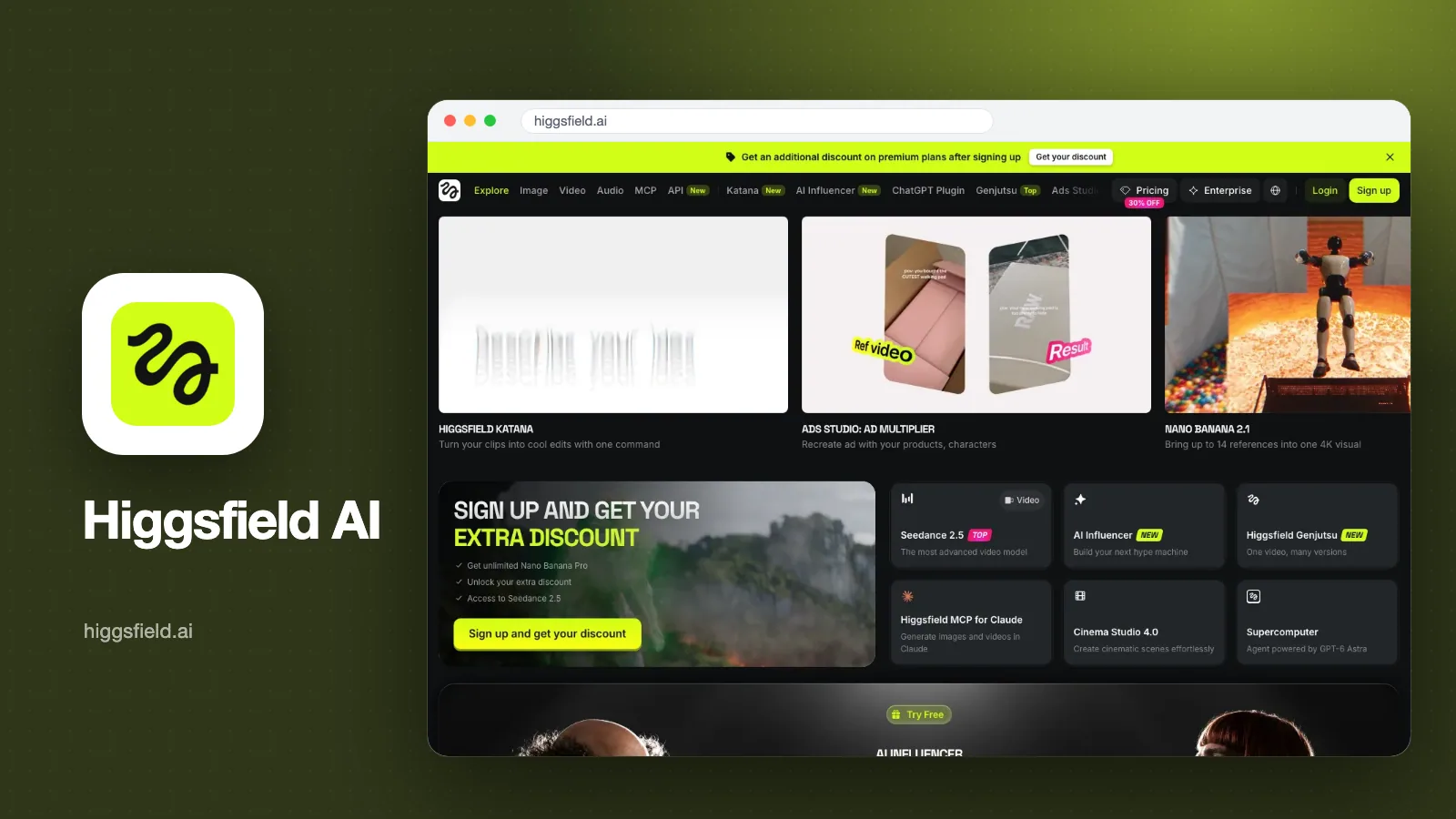 Tangkapan layar halaman depan Higgsfield AI bertema gelap dengan menu model video dan gambar, plus logo Higgsfield