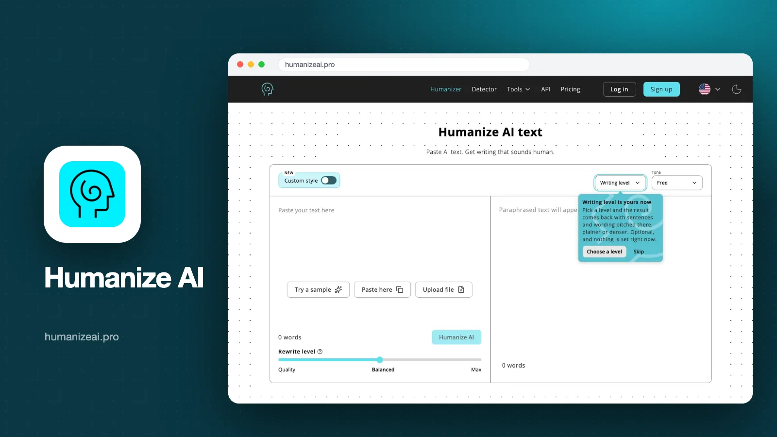 Sampul artikel: tangkapan layar halaman depan Humanize AI (humanizeai.pro) dengan dua kolom teks dan tombol Humanize AI, beserta logo Humanize AI