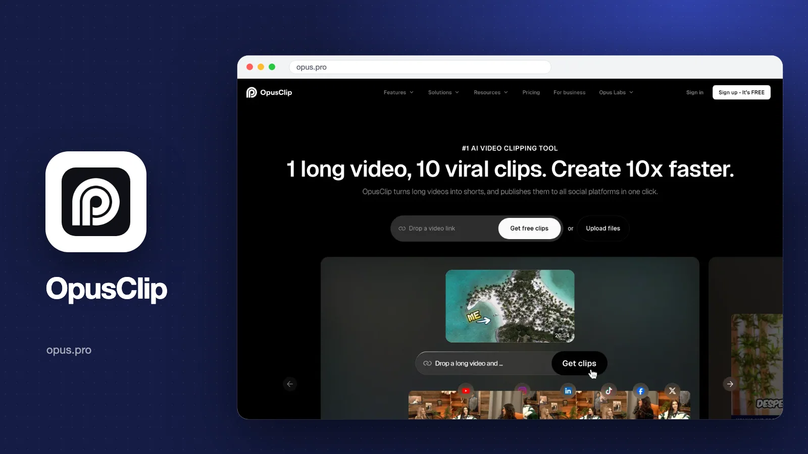 Sampul artikel: tangkapan layar halaman depan OpusClip (opus.pro) dengan kolom Drop a video link dan tombol Get free clips, beserta logo OpusClip