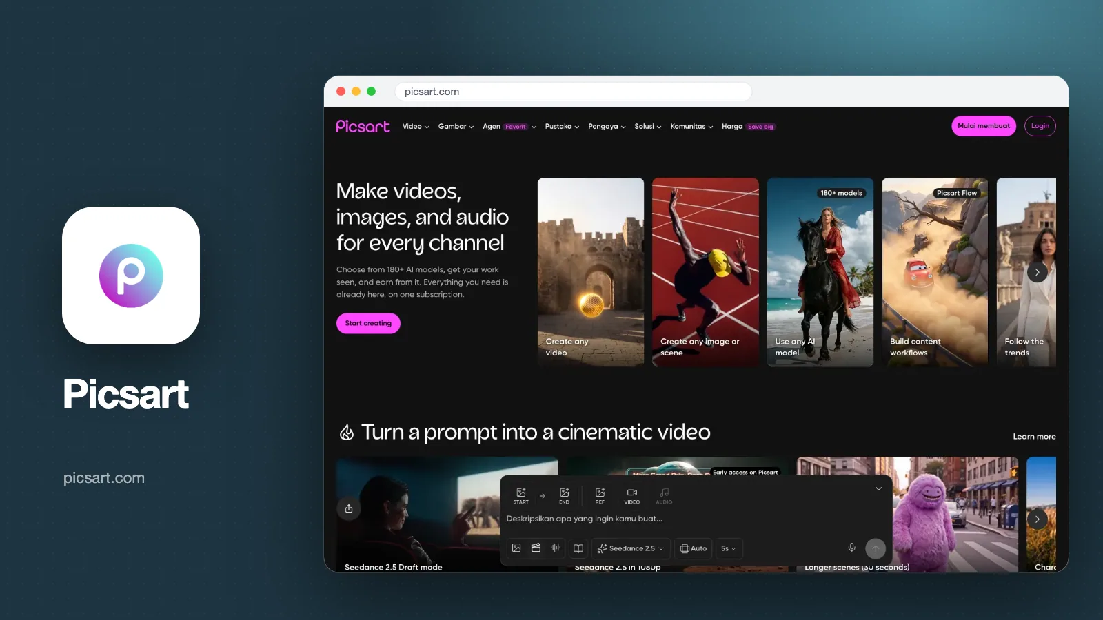 Tangkapan layar halaman depan Picsart bertema gelap dengan kotak prompt AI dan logo Picsart