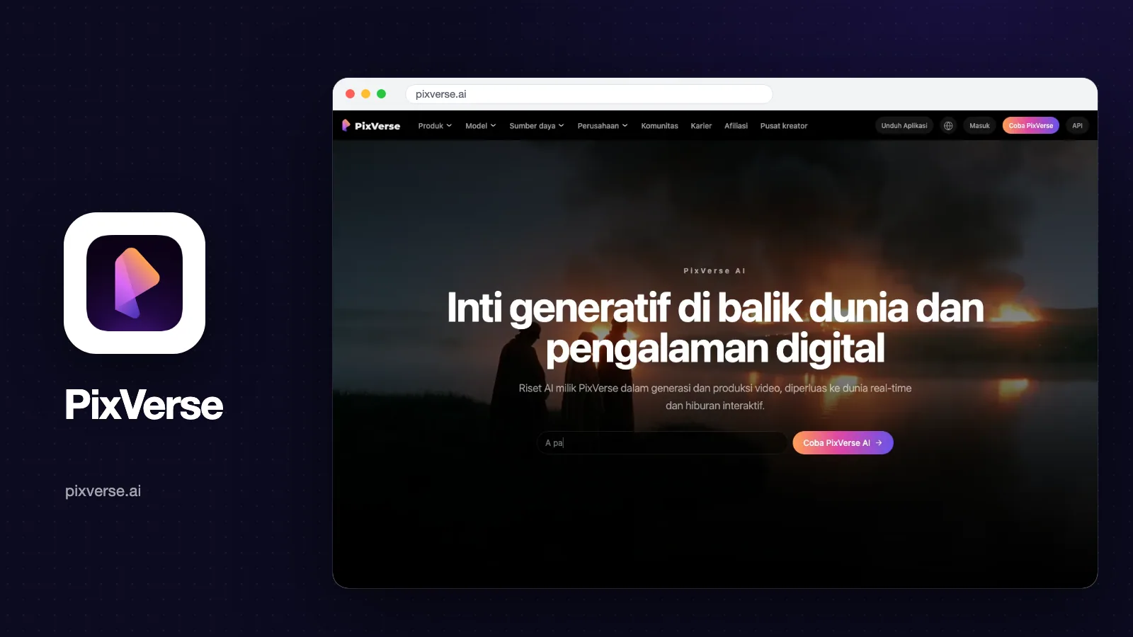 Tangkapan layar halaman depan PixVerse versi Indonesia dengan kolom prompt dan tombol Coba PixVerse AI, plus logo PixVerse