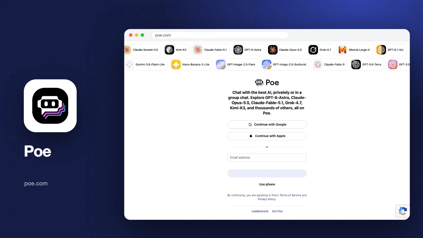 Tangkapan layar halaman masuk Poe di poe.com dengan deretan kartu model AI dan logo Poe