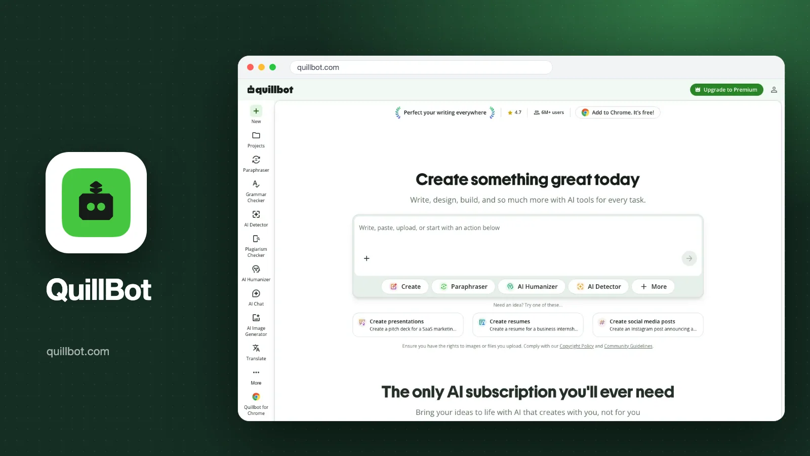 Tangkapan layar halaman depan QuillBot dengan sidebar alat menulis dan kotak input besar, plus logo QuillBot