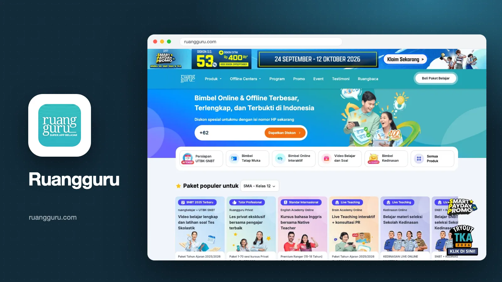 Sampul review Ruangguru: tangkapan layar halaman depan ruangguru.com dengan logo Ruangguru