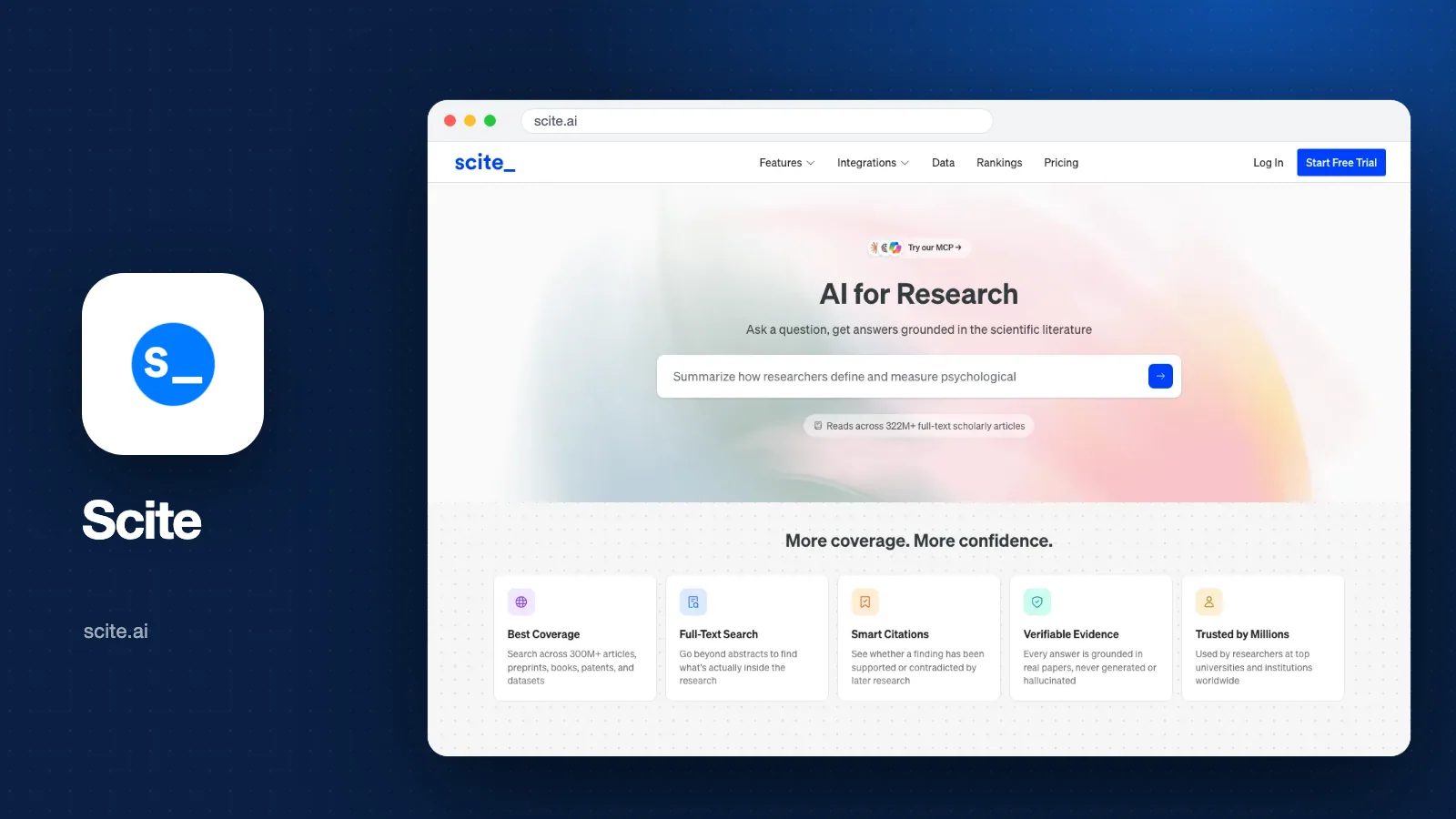 Sampul artikel: tangkapan layar halaman depan Scite (scite.ai) dengan judul AI for Research dan kolom pertanyaan, beserta logo Scite