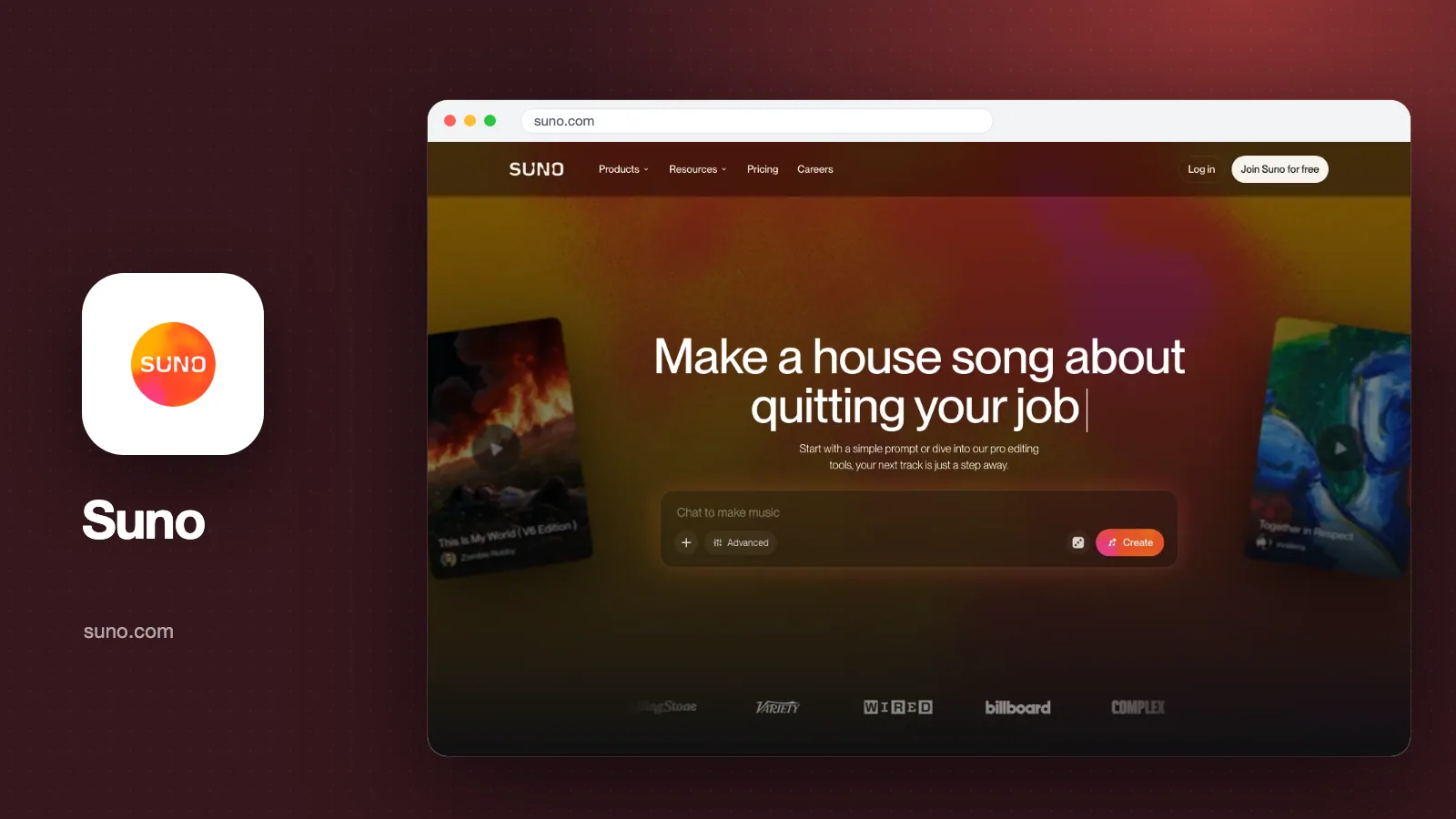 Sampul artikel: tangkapan layar halaman depan Suno (suno.com) dengan kolom Chat to make music dan tombol Create, beserta logo Suno