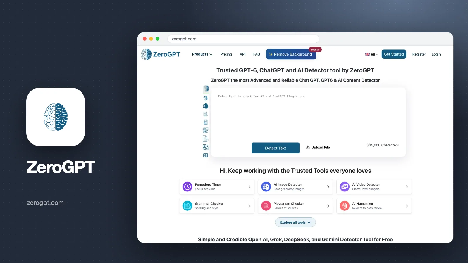 Sampul artikel: tangkapan layar halaman depan ZeroGPT (zerogpt.com) dengan kotak teks Detect Text dan penghitung 15.000 karakter, beserta logo ZeroGPT
