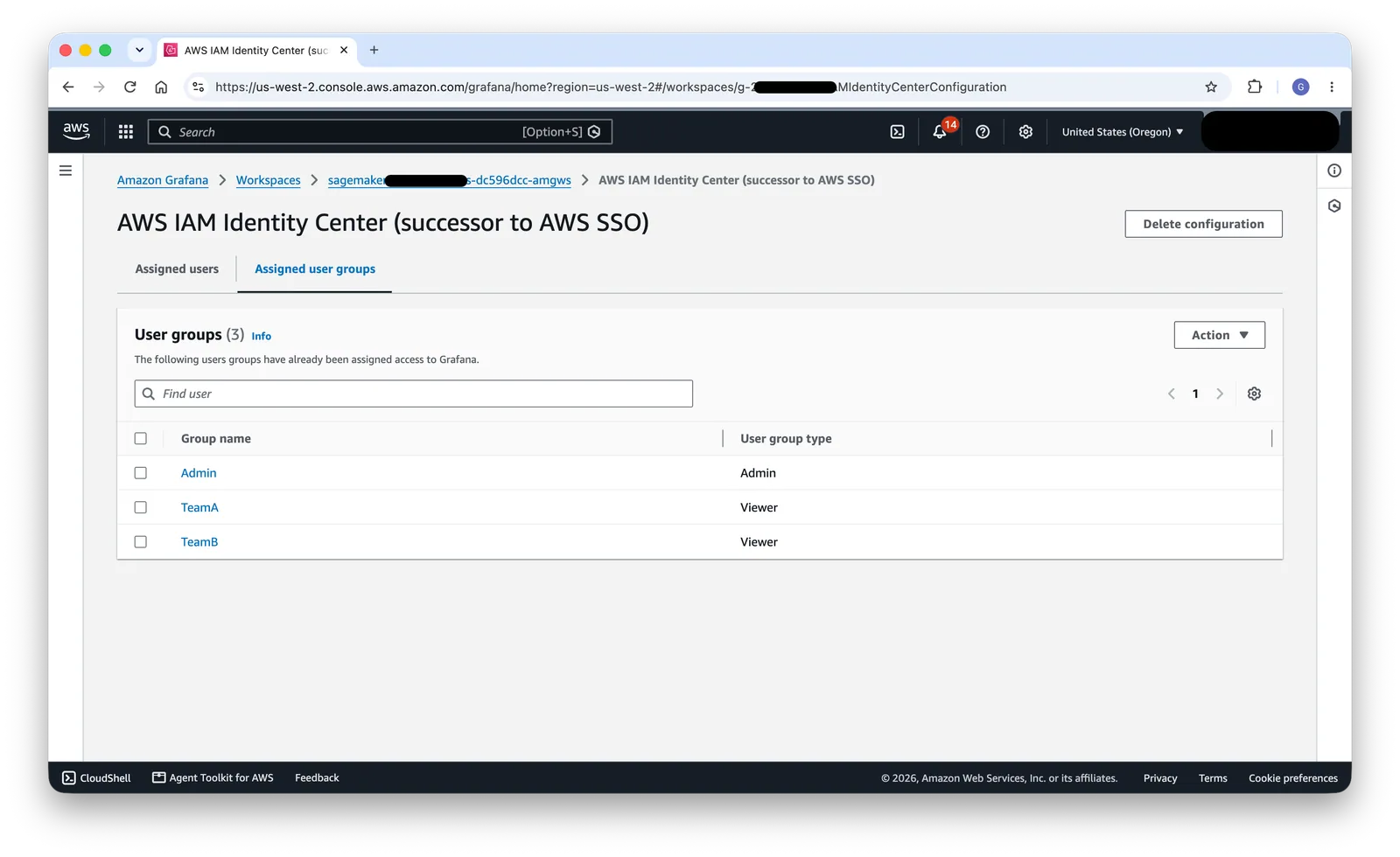 Amazon Managed Grafana role assignments with team groups as Viewers and the admin group as Admin
