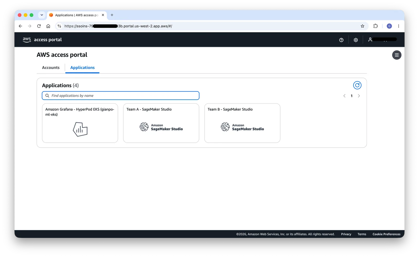 AWS access portal showing assigned SageMaker Studio and Amazon Managed Grafana applications