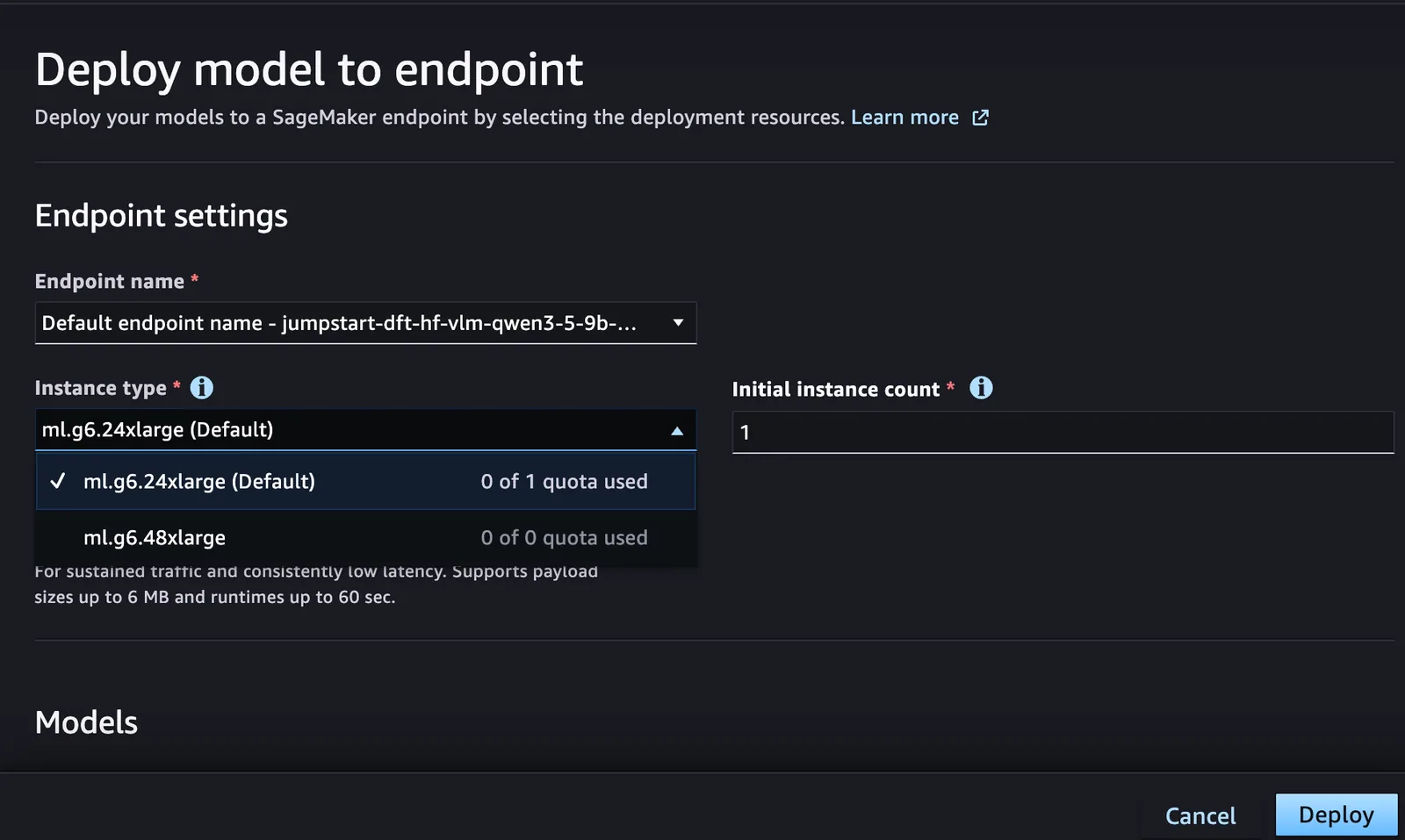 The Deploy model to endpoint page in SageMaker Studio showing endpoint name, instance type, and instance count settings