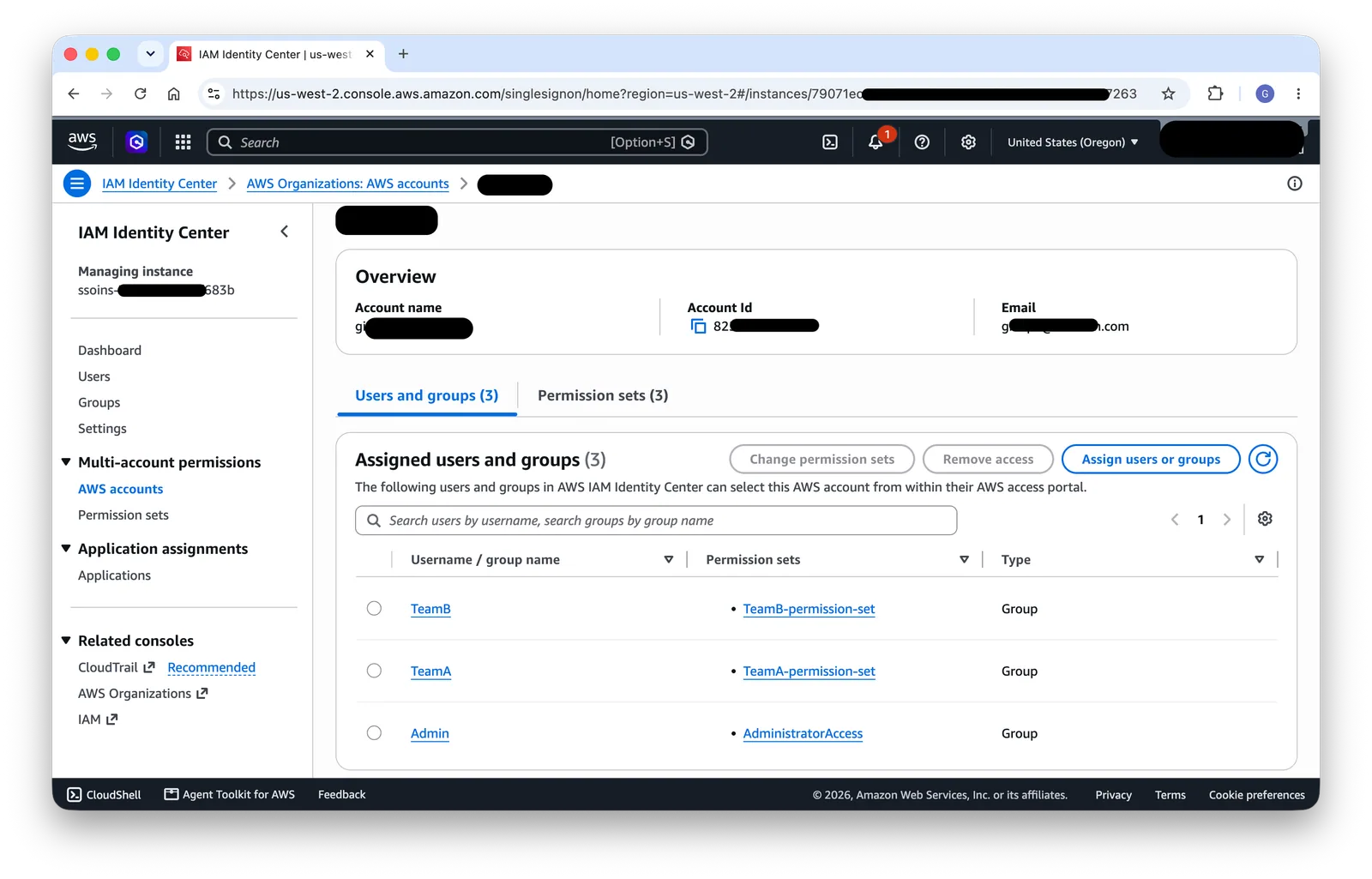 AWS IAM Identity Center console showing per-team permission sets for CLI access