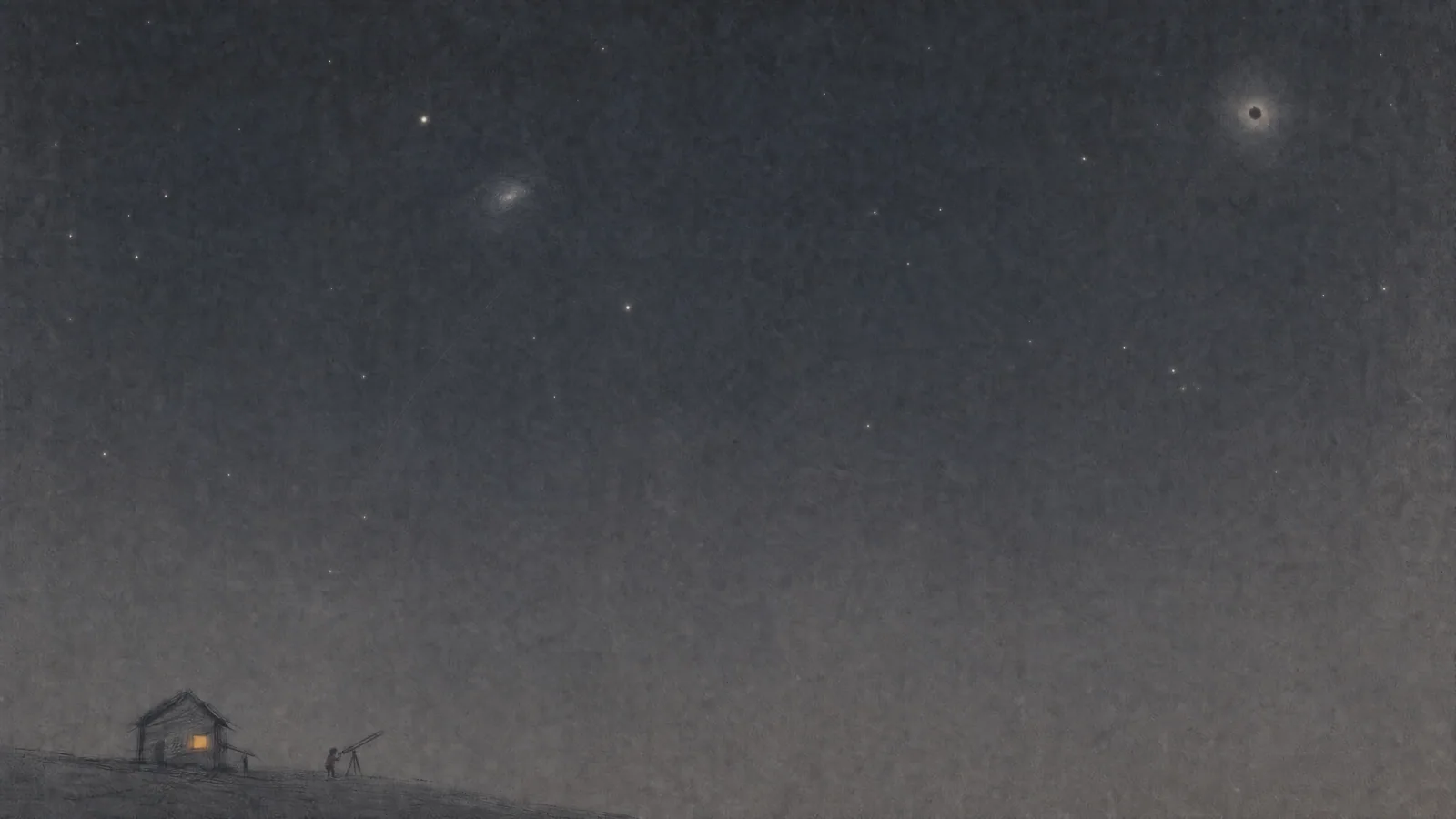 A person looks through a telescope beside a small illuminated home beneath a vast starry sky.
