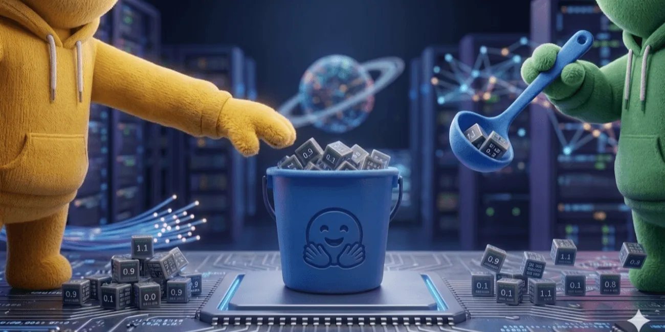 Skema alur async GRPO dengan LoRA melintasi Hugging Face Jobs menggunakan bucket dan proxy tanpa sinkronisasi NCCL.
