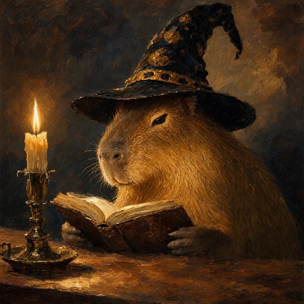 A capybara wearing a wizard hat, reading a book by candlelight, oil painting