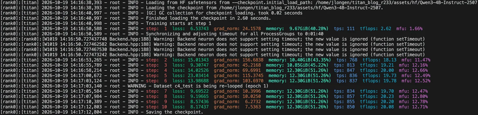 Training output showing a step 1 loss of 6.54 and the exported checkpoint loading with no missing or unexpected keys