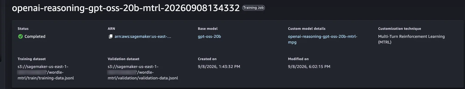 SageMaker AI Studio Jobs page showing the completed multi-turn RL training job
