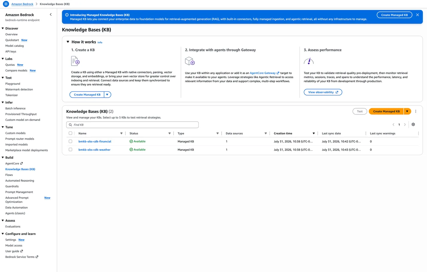 Managed ingestion result showing one document indexed per knowledge base with zero failures
