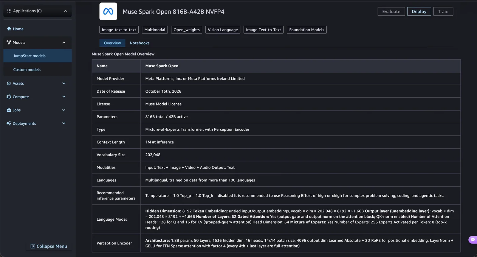 Muse Spark Open model detail card in SageMaker JumpStart with the Deploy option