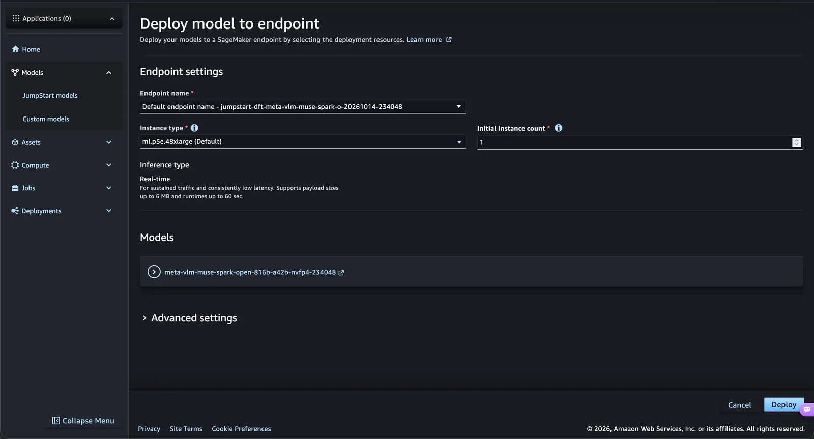 Deployment settings for the Muse Spark Open NVFP4 variant in SageMaker JumpStart