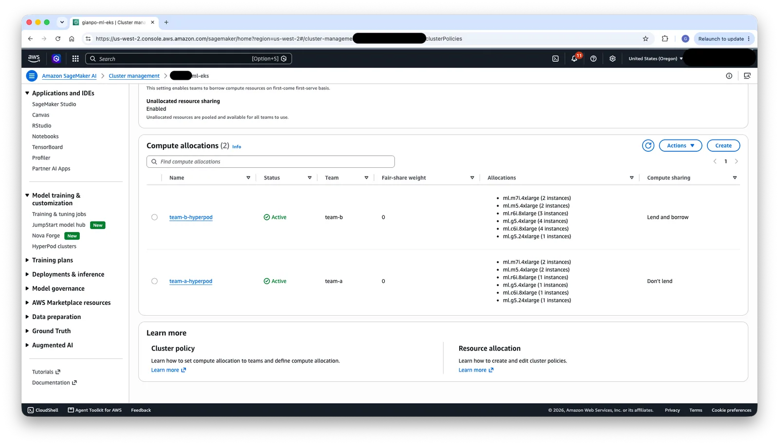 HyperPod Task Governance compute allocations assigning each team a quota