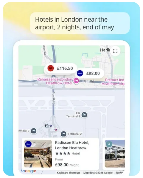Hotel search in ChatGPT near London Heathrow Airport for two nights at the end of May, showing hotel locations, prices, and a Radisson Blu Hotel card.